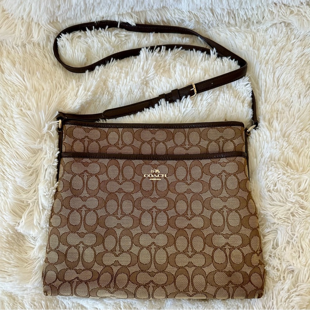 Coach Brown Signature Jacquard Crossbody Bag